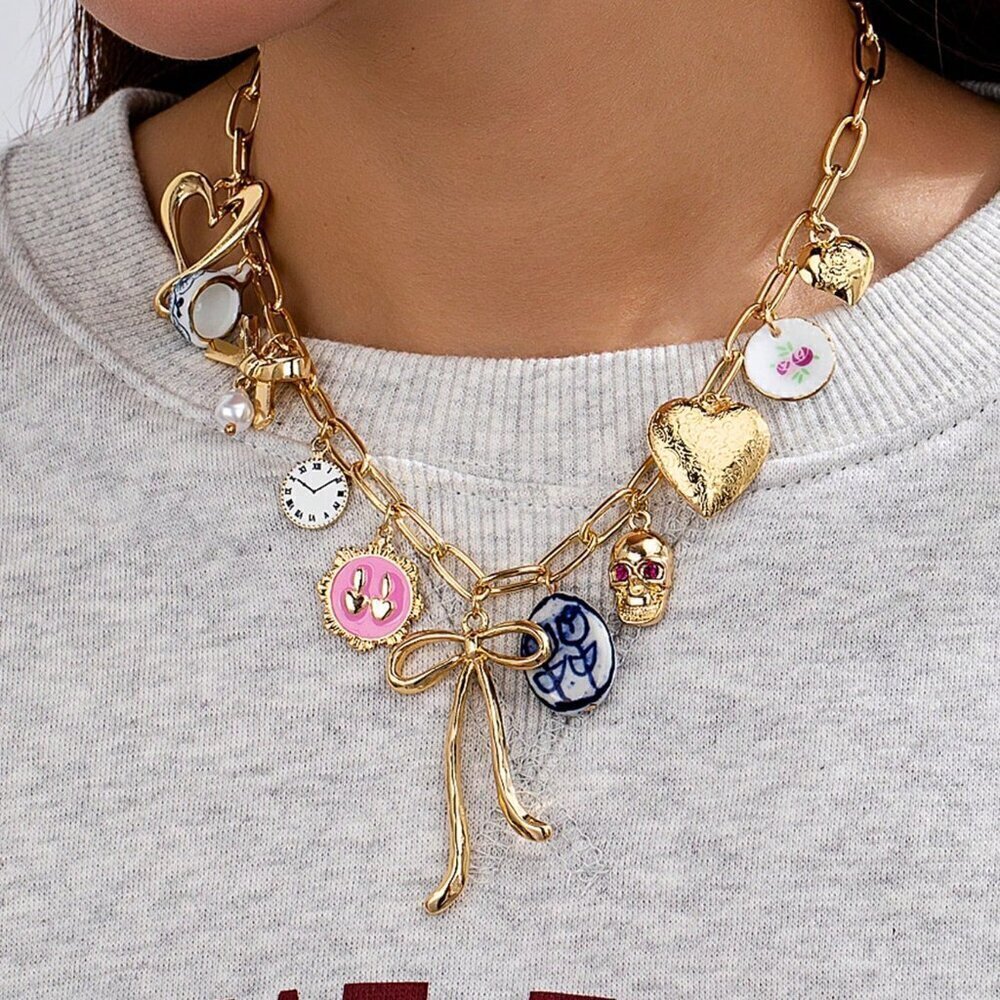 Multicolor Trendy Women's Handpainted Ceramic Bowknot Pendant Necklace